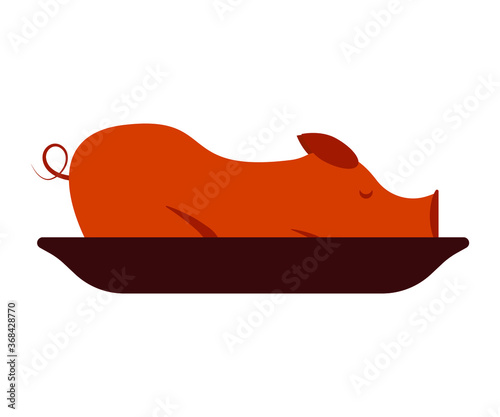 Roast suckling pig on a platter, sign for design, vector illustration