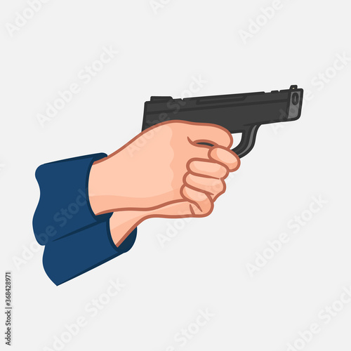 Gun in hand. Armed man. Firearm. A police officer with a loaded weapon. Target shooting. Armed robbery. Vector illustration in flat style.