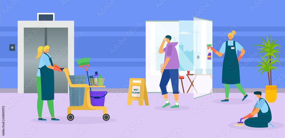 Cleaner service vector illustration. Professional man woman worker, cleaning group people in uniform work for cartoon company. Flat person with equipment at office floor, cleanup and hygiene.