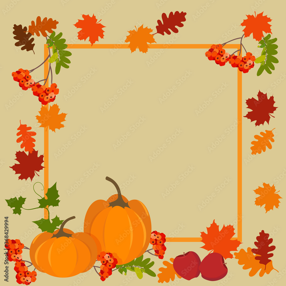 Vector illustration of pumpkins, rowan berries and autumn leaves with frame and place for your text. For decoration for Thanksgiving holiday, harvest autumn festivity. Vector illustration of pumpkins, rowan berries and autumn leaves with frame and place for your text. For decoration for Thanksgiving holiday, harvest autumn festivity.