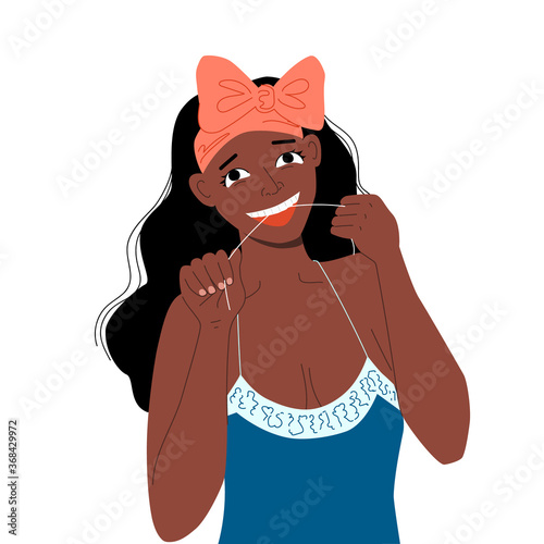 Daily care of dental health. Dark skinned afro girl is flossing her teeth with dental floss. Morning and evening routines. Beautiful smile. Stock vector flat hand drawn illustration isolated on white.