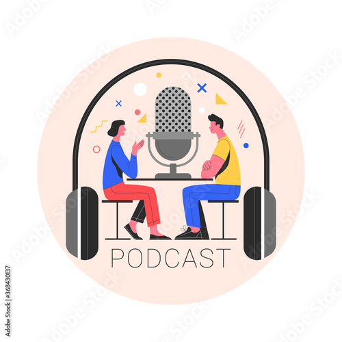 Podcast concept.  Vector illustration of two people talking in an abstract studio that looks like huge headphones and a microphone on the table.