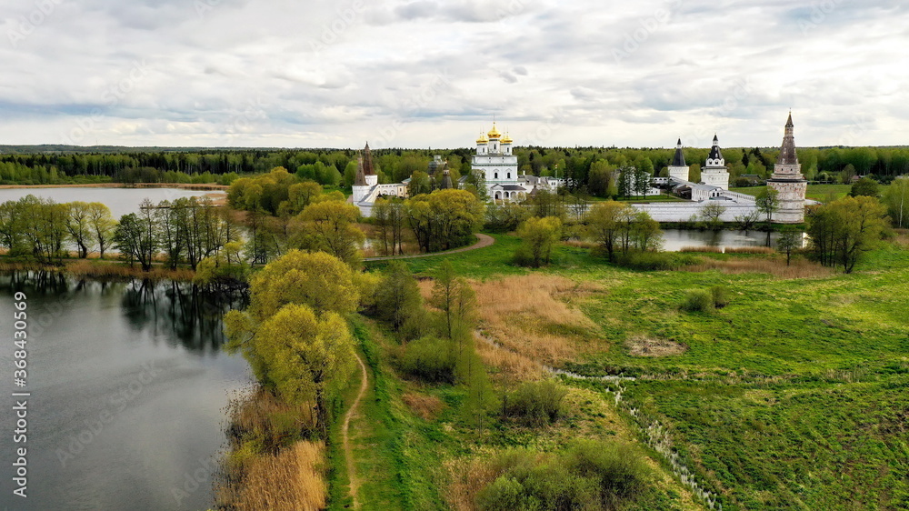 Aerial view of St. Joseph Volokolamsk (Iosifo-Volotsky) Monastery in May. The Cathedral of the Dormition, Volokolamsk district, Russia