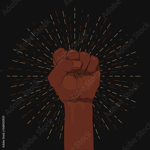 African American arm gesture on a black background. Black lives matter. Sticker, patch, t-shirt print, logo design. The fight for the human rights