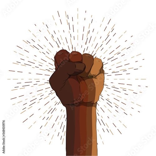 Raised fist in different skin colors on a white background. Black lives matter. Sticker, patch, t-shirt print, logo design. The fight for the human rights.