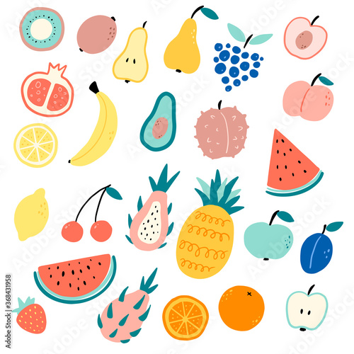 Flat vector color illustration of cartoon fruits in doodle style.