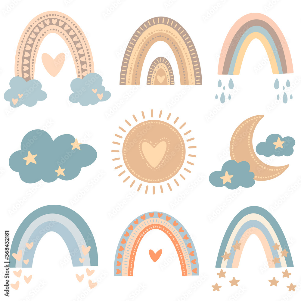 Flat vector illustration of cute cartoon rainbows in colored doodle style. Weather illustration set.