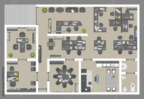 Office. Top view.
Working space. 
Office room, meeting room, reception, restroom, office furniture, cabinets, desks, chairs, computers. View from above.
