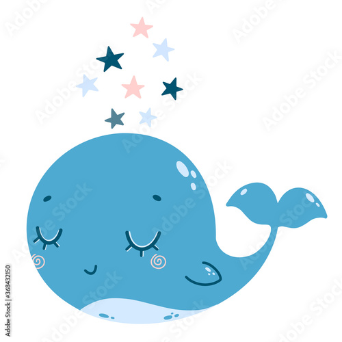 Flat vector illustration of cute cartoon blue and pink whale with stars. Color illustration of a whale in doodle style.