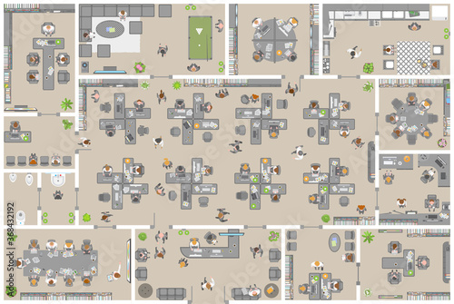 Office. Top view. People at work.
Office room, meeting room, reception, restroom, office furniture, cabinets, desks, chairs, computers. View from above.