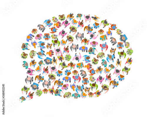 Different people crowd in the shape of a speech bubble. Top view. Large group of people in the shape of a chat bubble. View from above. 