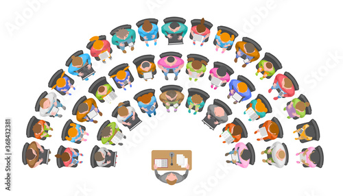 Lecturer speaks to an audience. Top view.  People, men, women, children sit in chairs in the audience. View from above.