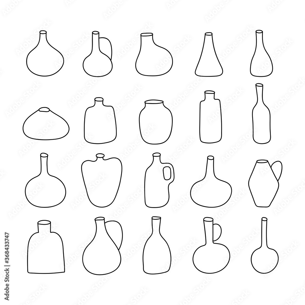 A collection of hand-drawn vases and bottles of various shapes. Vases and pitchers for interior decoration, flowers and drinks.Drawing in the thin line style.Vector illustration. A collection of hand-drawn vases and bottles of various shapes. Vases and pitchers for interior decoration, flowers and drinks.Drawing in the thin line style.Vector illustration.