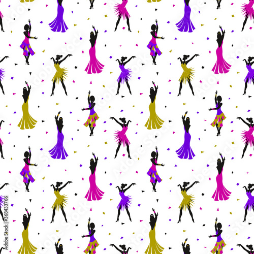 Seamless pattern with women dancing salsa, rumba, flamenco. Flat colorful illustration