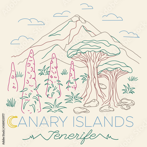 Tenerife, Canary Islands, Spain. Mountains landscape with Vulcano Teide, drago trees and Tajinaste flowers. Illustration with multicolored editable stroke in retro style photo