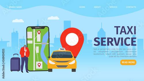 Car at taxi flat mobile online service in smartphone, transport city location vector illustration. Application for cab vehicle order. People character at street with phone and automobile design.