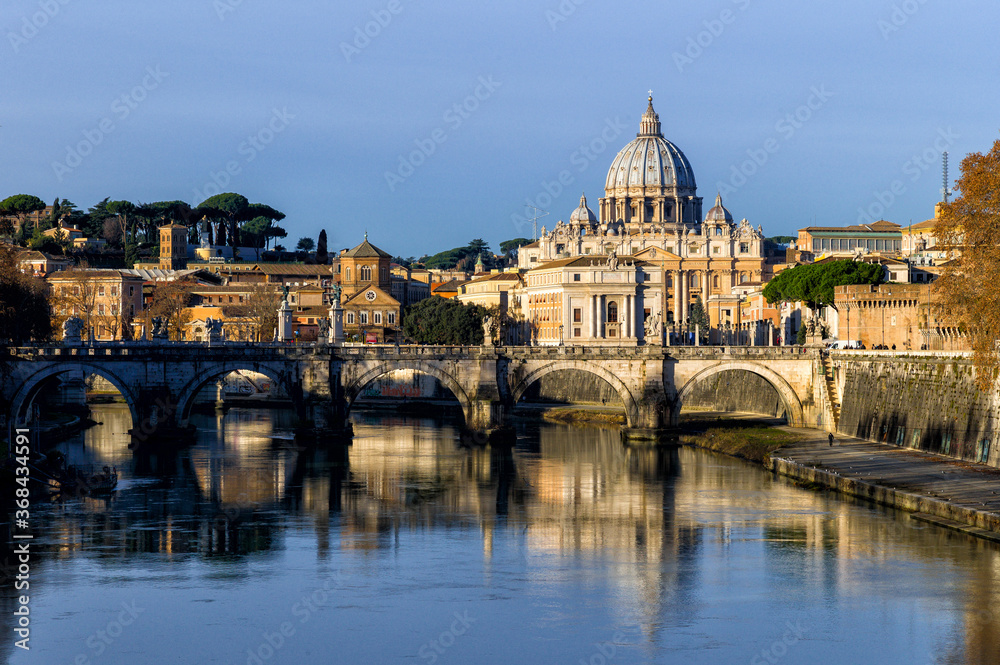 Saint Peter basilica and Tiber river in Rome, Italy