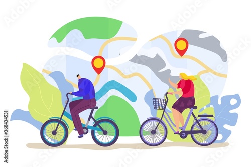 Bicycle travel with healthy woman man  urban lifestyle with bike ride vector illustration. Flat couple character at cycle summer sport. People in city park  cartoon biking exercise and leisure.