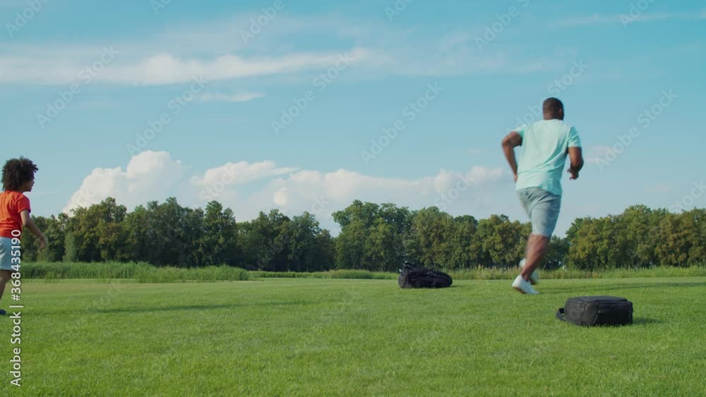 Cheerful little mixed race boy with curly hair kicking soccer ball , scoring a goal during football game on green field while playing game together with african father during summer vacations. Cheerful little mixed race boy with curly hair kicking soccer ball , scoring a goal during football game on green field while playing game together with african father during summer vacations.
