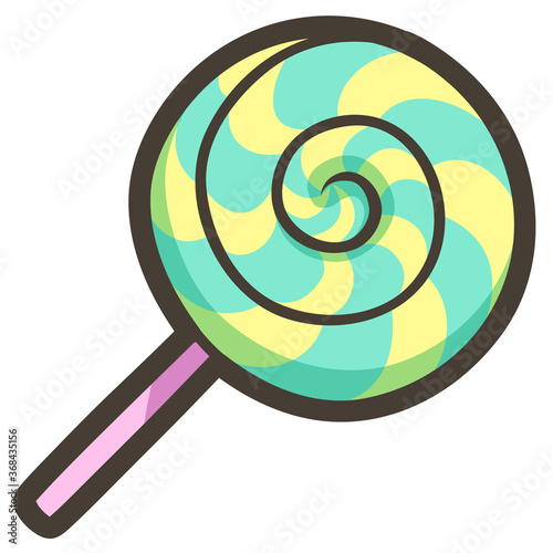 Cute candy cartoon clipart, Spiral patterns, alternating green and yellow, Pink handle, Isolated on white background.