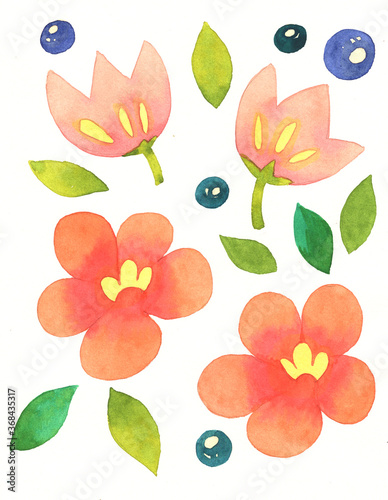 Fototapeta Naklejka Na Ścianę i Meble -  Simple pink and orange flowers and fresh green leaves and crystal ball watercolor painting. Isolated on white background. Decorative, Illustration and pattern.