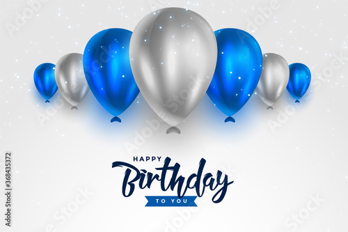 happy birthday blue and silver white shiny balloons background