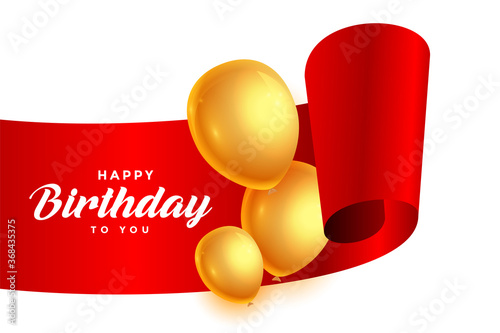 happy birthday ribbon with golden balloons background