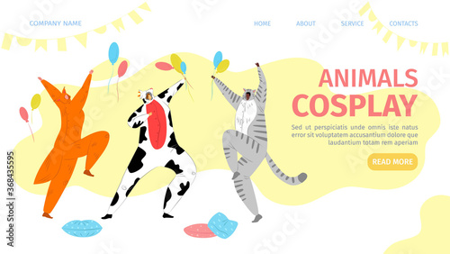 Animals cosplay landing vector Illustration. People dressed in colorful beasts costumes depict cow, cat and charming fox. Cute collection characters from your favorite cartoon children.