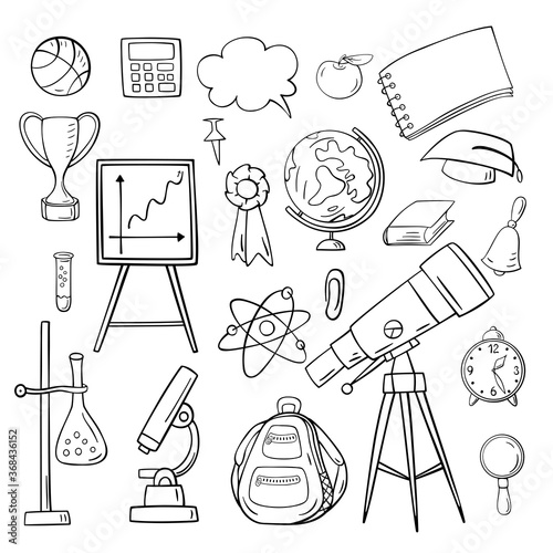 Hand-drawn set of school supplies. Back to school , doodle illustration.