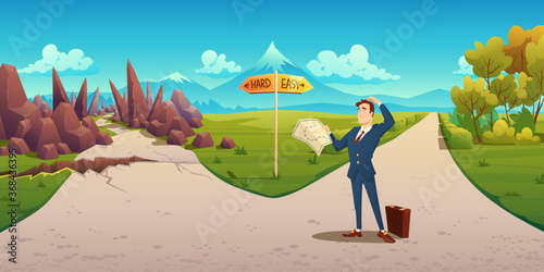 Confused man with map makes choice between hard and easy way. Vector cartoon landscape with businessman on road with direction sign, curvy path with rocks and simple straight road