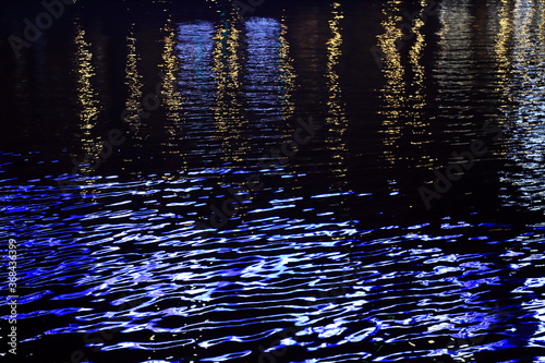 River at night and reflected city lights