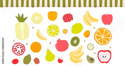 Fototapeta Naklejka Na Ścianę i Meble -  Fruit market vector clipart set with pineapple guava, orange, tangerine and lemon citrus, lichi, avocado, kumquat, banana, kiwifruit, rambutan, lychee peeled, green price tag with a twine and overhang
