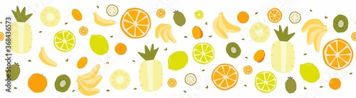 Tropical fruit vector seamless border for towel, table runner, tablecloth print. Modern exotic vegan food, lemon, citrus, kumquat; orange, feijoa, kiwifruit slices styled as repeat design.