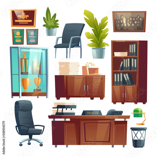 Principal school office interior furniture and stuff set. Director table, desk with printer, chairs and bookcase with files folders, trophies in glass stand, potted plants. Cartoon vector illustration