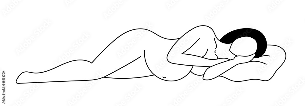 Vector contour beautiful nude pregnant woman lies and sleeps. Maternity, birth, preparation for childbirth, prenatal medical center. illustration isolated on white background.
