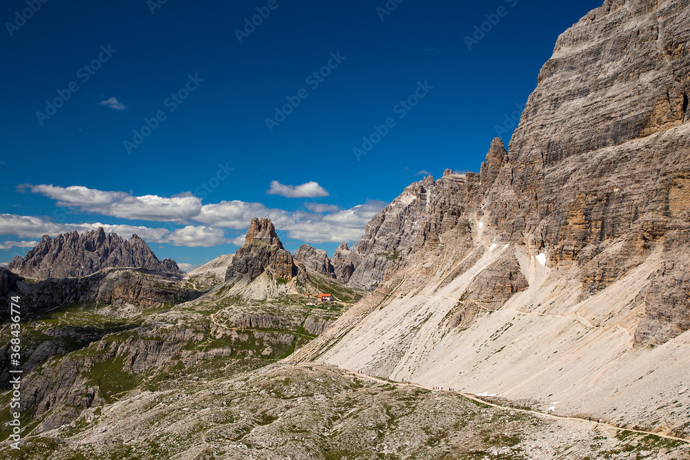 Tre cime of Lavaredo, Mount Paterno and Locatelli refuge panoramic view from the above, Dolomiti , Italy