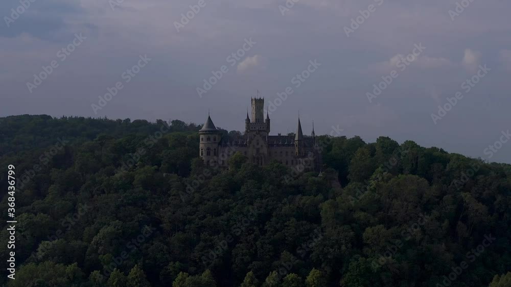 Drone flight over castle Marienburg in Lower Saxony landscape, Germany Drone flight over castle Marienburg in Lower Saxony landscape, Germany