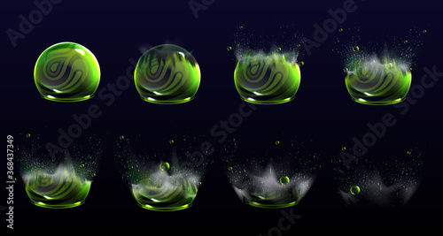 Broken bubble shields explosion animation stages, force spheres or defense dome fields blow up. Elements for motion design, science fiction deflector, firewall protection, Realistic 3d vector set