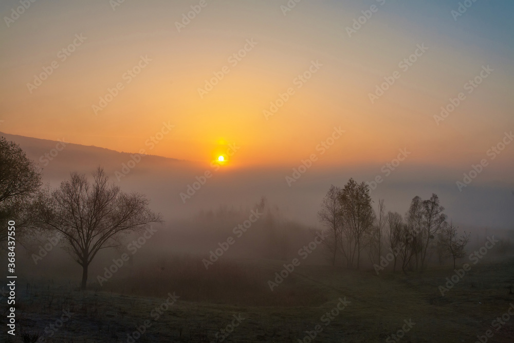 Beautiful foggy autumn sunrise landscape.