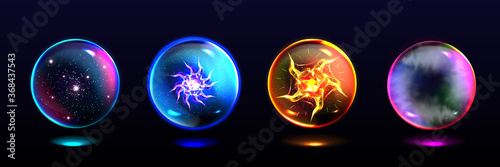 Magic spheres, crystal balls with lightning, energy burst, stars and mystical fog inside. Vector realistic set of glass globes, glowing orbs for magician and fortune teller