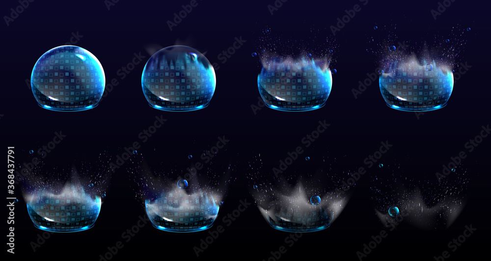 Broken bubble shields, explosion protection force fields. Vector realistic set of stages of safety energy barrier burst. Damaged shine spheres with blue geometric pattern