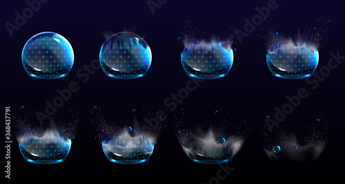 Broken bubble shields, explosion protection force fields. Vector realistic set of stages of safety energy barrier burst. Damaged shine spheres with blue geometric pattern