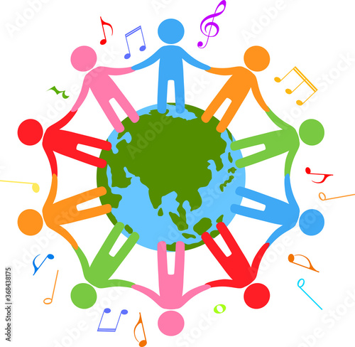 Singing people of different races surround the earth
