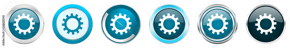 Gear silver metallic chrome border icons in 6 options, set of web blue round buttons isolated on white background Gear silver metallic chrome border icons in 6 options, set of web blue round buttons isolated on white background