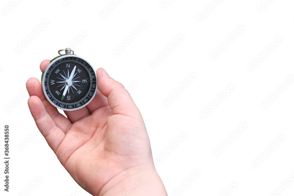 round compass in hand isolated on white background for abstract image with place for text as symbol of tourism with compass, travel with compass and outdoor activities with compass round compass in hand isolated on white background for abstract image with place for text as symbol of tourism with compass, travel with compass and outdoor activities with compass