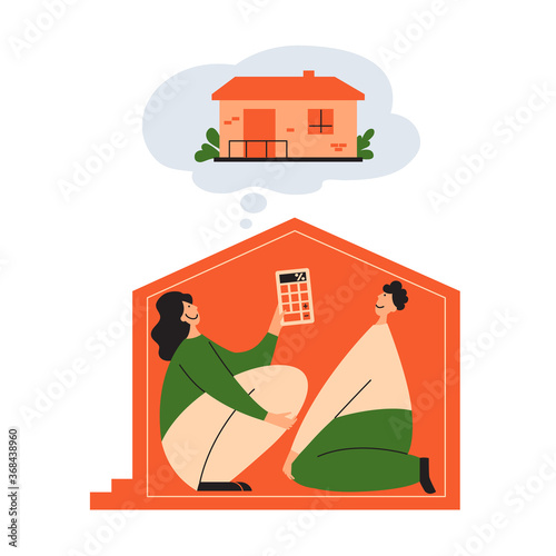 People in little house dream about new big dwelling, calculate mortgage rate. Family couple sitting in close apartment and planning buy or rent large home. House loan concept. Flat vector illustration
