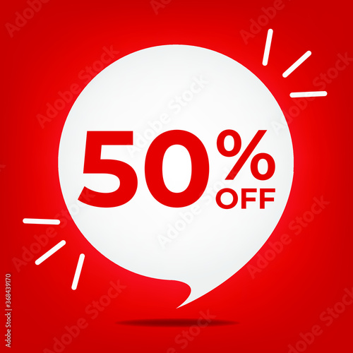50% off. Banner with fifty percent discount. White bubble on a red background vector.