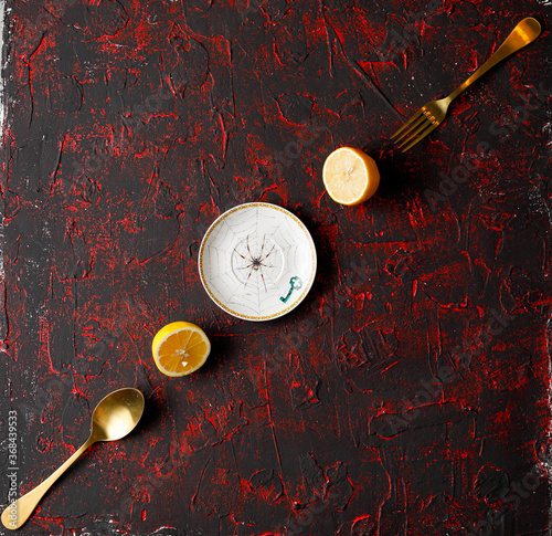 kitchen utensils on red Background