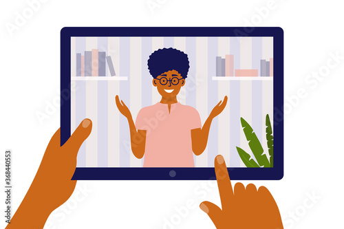 Distance education, e-learning and online video courses concept. Hands hold digital tablet with talking female teacher. Student studying remotely. Webinar, internet lesson class vector illustration.