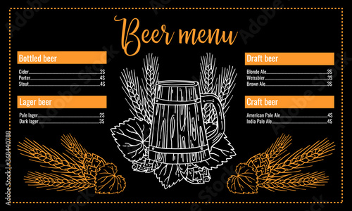 Beer menu design template with list of drinks. Mug, wheat and hop plants. Hand drawn outline vector sketch illustration on black background